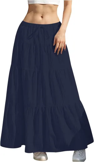 Maxi Skirts for Women Trendy Tiered A-Line Long Skirt Drawstring Elastic Waist Pleated Boho Casual Loose Clothes 2025