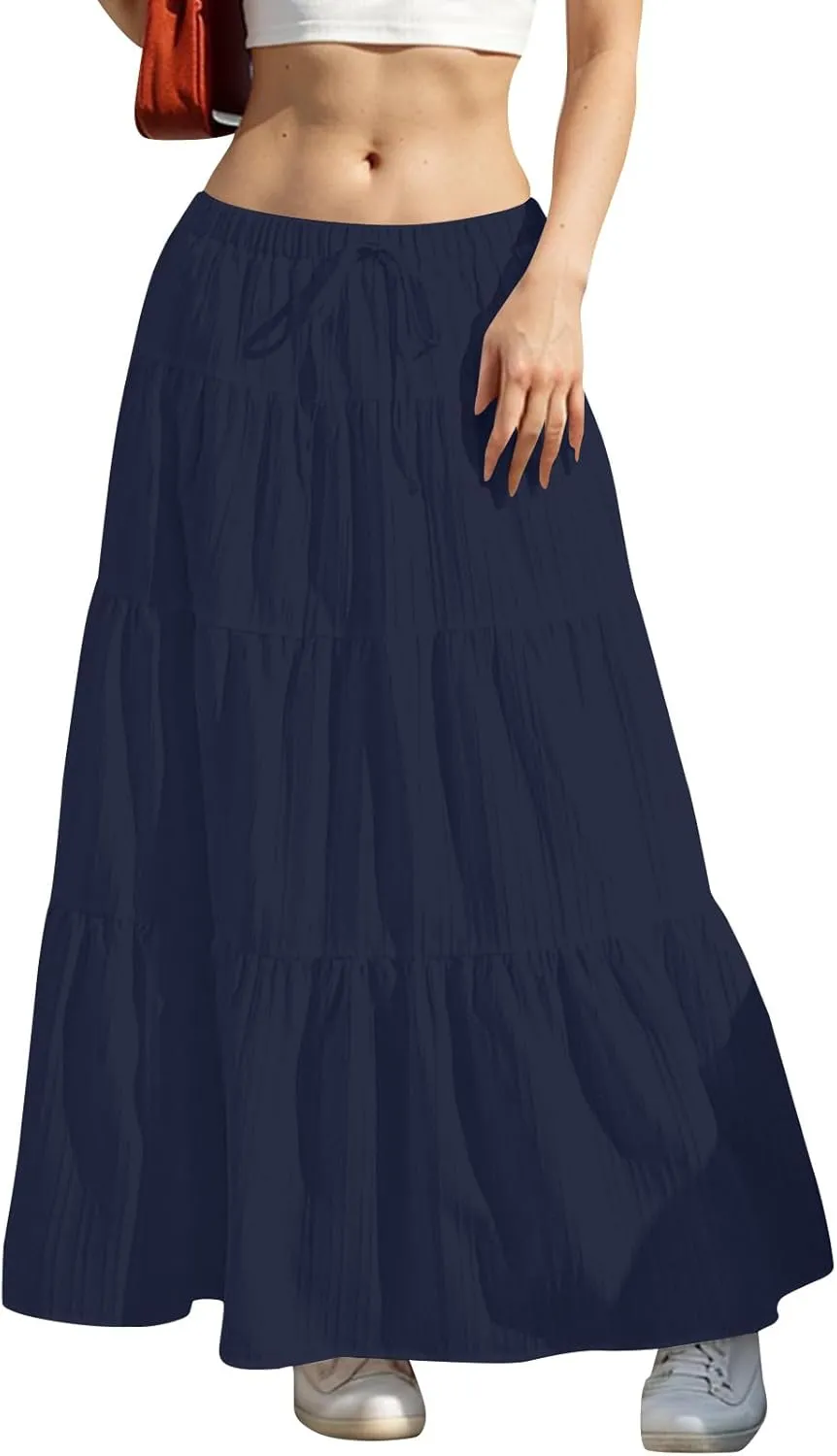 Maxi Skirts for Women Trendy Tiered A-Line Long Skirt Drawstring Elastic Waist Pleated Boho Casual Loose Clothes 2025