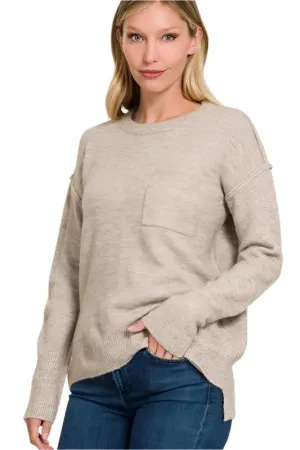 Melange Hi-Low Hem Round Neck Sweater