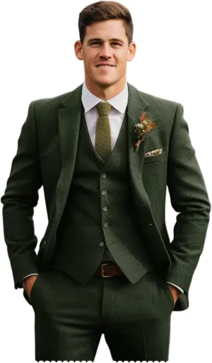 Men Suit Herringbone Tweed 3 Piece Set Slim Fit Wedding Groomsmen Tuxedo Solid Jacket Vest Pants