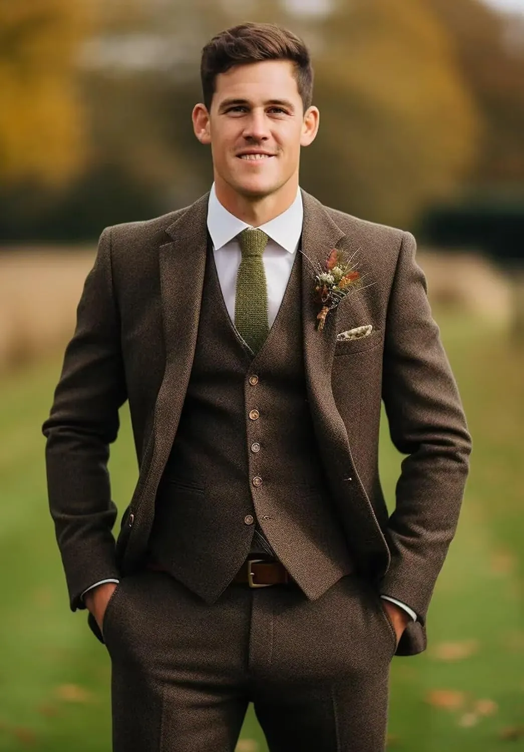 Men Suit Herringbone Tweed 3 Piece Set Slim Fit Wedding Groomsmen Tuxedo Solid Jacket Vest Pants