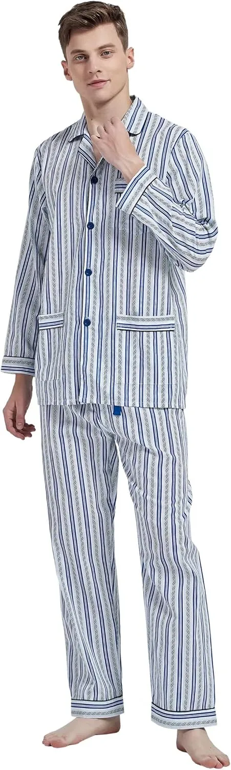 Mens 100% Cotton Pajamas Set Long Sleeve Pjs Button Fly Pants Soft Elastic Drawstring Waistband Bottoms