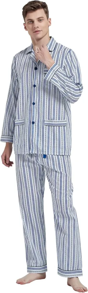 Mens 100% Cotton Pajamas Set Long Sleeve Pjs Button Fly Pants Soft Elastic Drawstring Waistband Bottoms