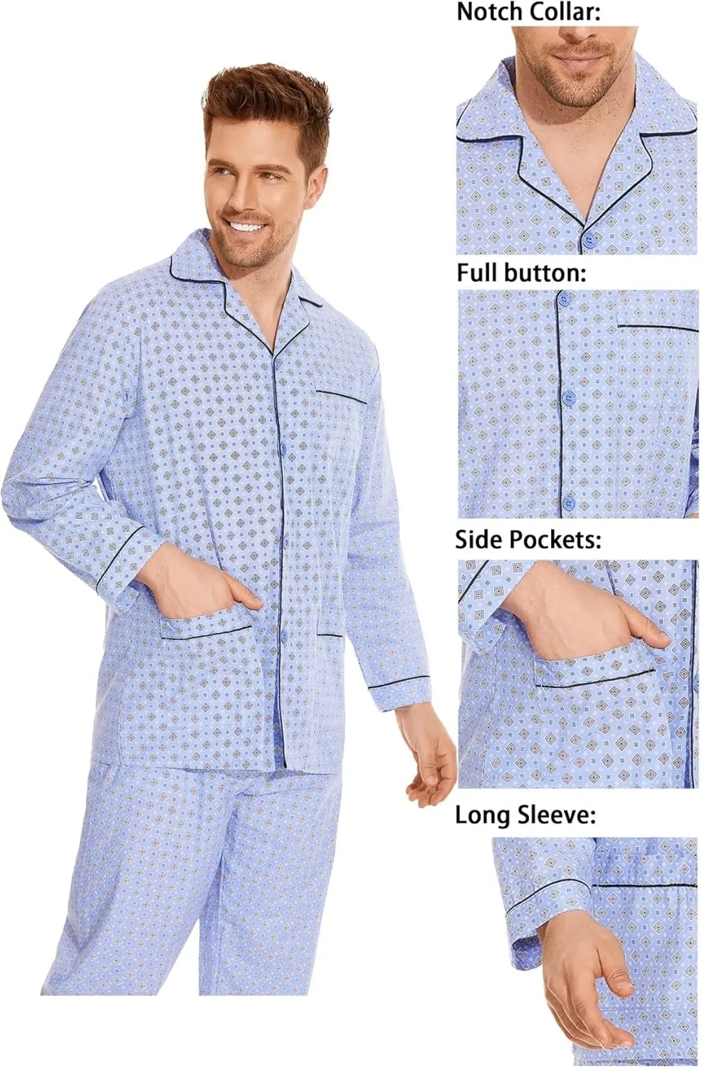 Mens 100% Cotton Pajamas Set Long Sleeve Pjs Button Fly Pants Soft Elastic Drawstring Waistband Bottoms