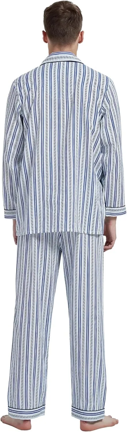 Mens 100% Cotton Pajamas Set Long Sleeve Pjs Button Fly Pants Soft Elastic Drawstring Waistband Bottoms