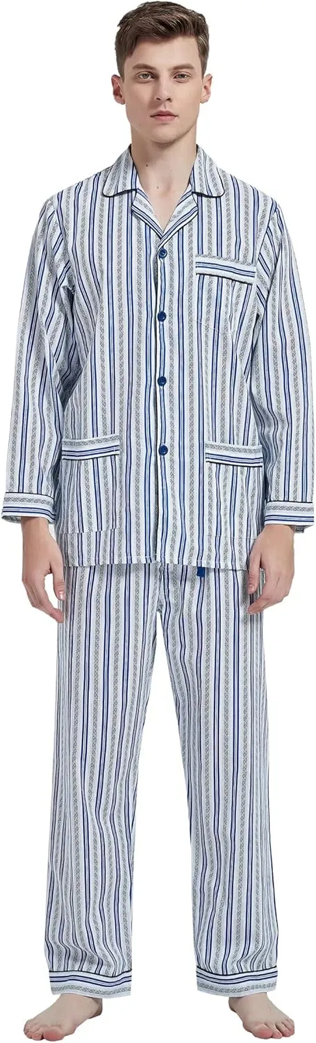 Mens 100% Cotton Pajamas Set Long Sleeve Pjs Button Fly Pants Soft Elastic Drawstring Waistband Bottoms