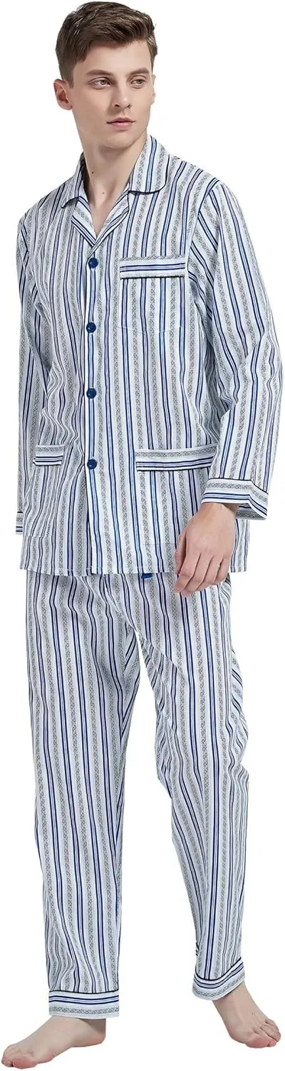 Mens 100% Cotton Pajamas Set Long Sleeve Pjs Button Fly Pants Soft Elastic Drawstring Waistband Bottoms