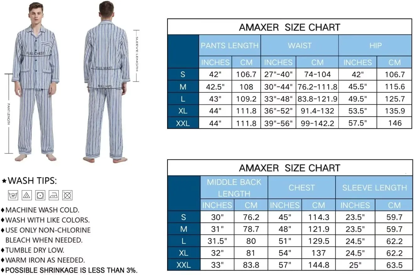 Mens 100% Cotton Pajamas Set Long Sleeve Pjs Button Fly Pants Soft Elastic Drawstring Waistband Bottoms