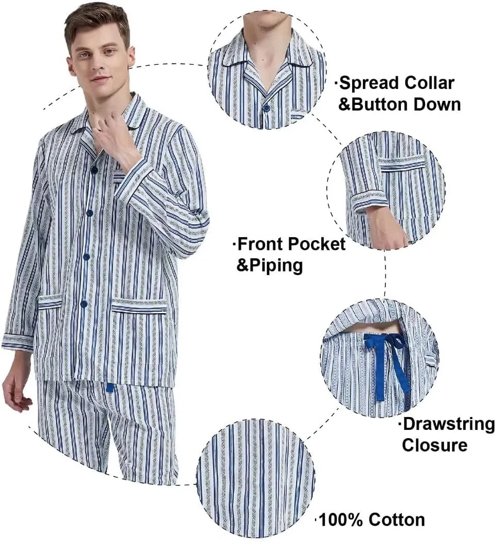 Mens 100% Cotton Pajamas Set Long Sleeve Pjs Button Fly Pants Soft Elastic Drawstring Waistband Bottoms