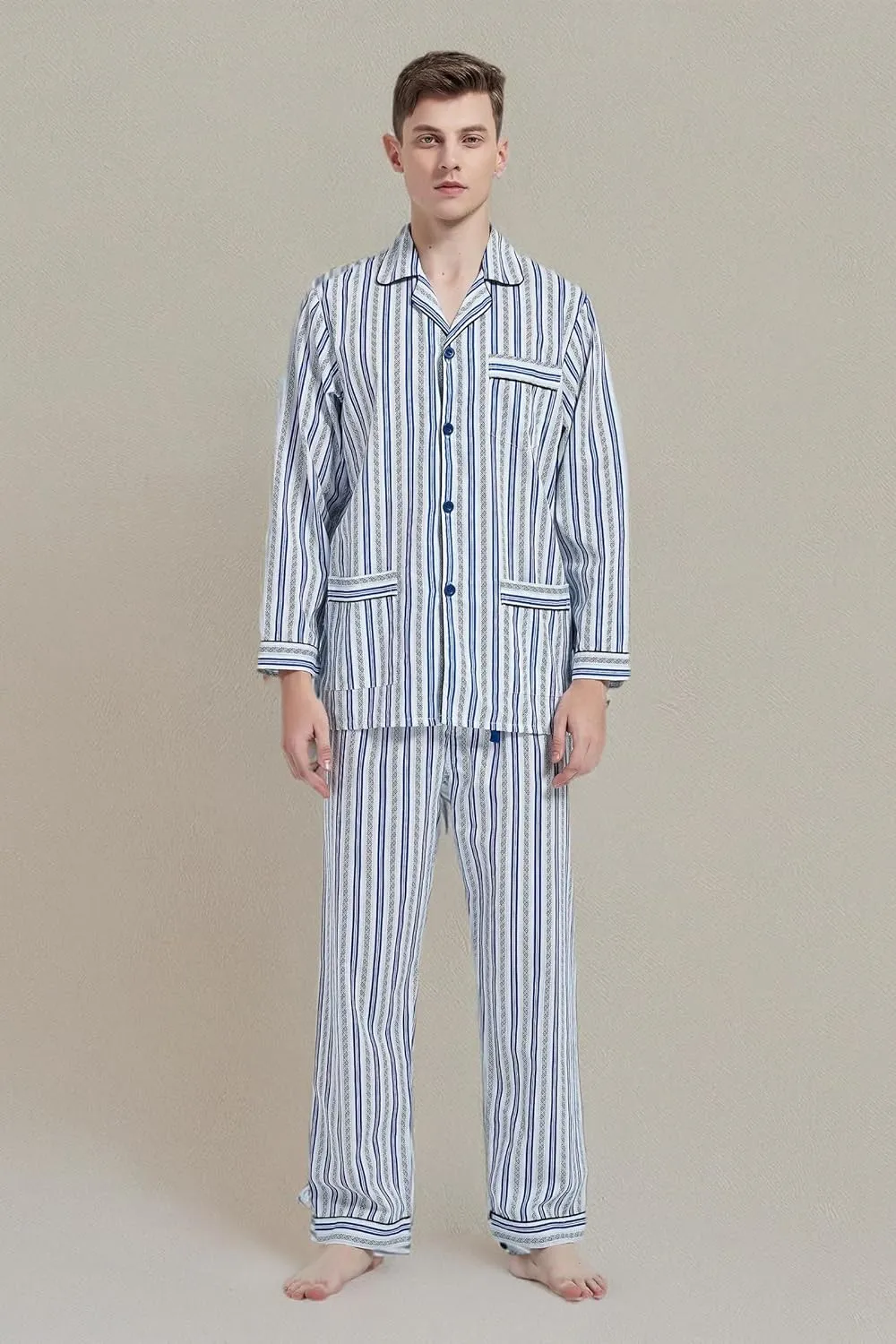 Mens 100% Cotton Pajamas Set Long Sleeve Pjs Button Fly Pants Soft Elastic Drawstring Waistband Bottoms