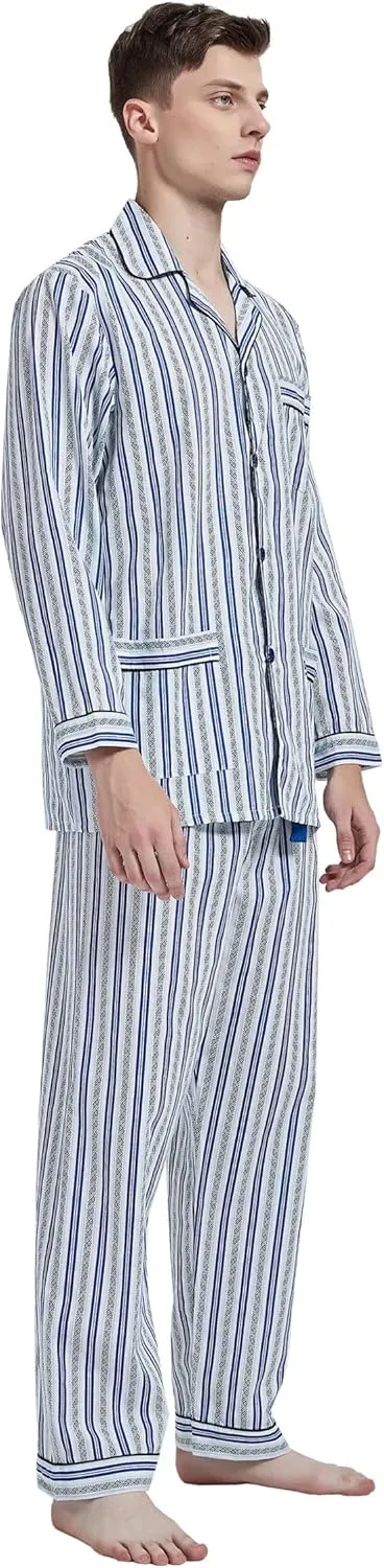 Mens 100% Cotton Pajamas Set Long Sleeve Pjs Button Fly Pants Soft Elastic Drawstring Waistband Bottoms