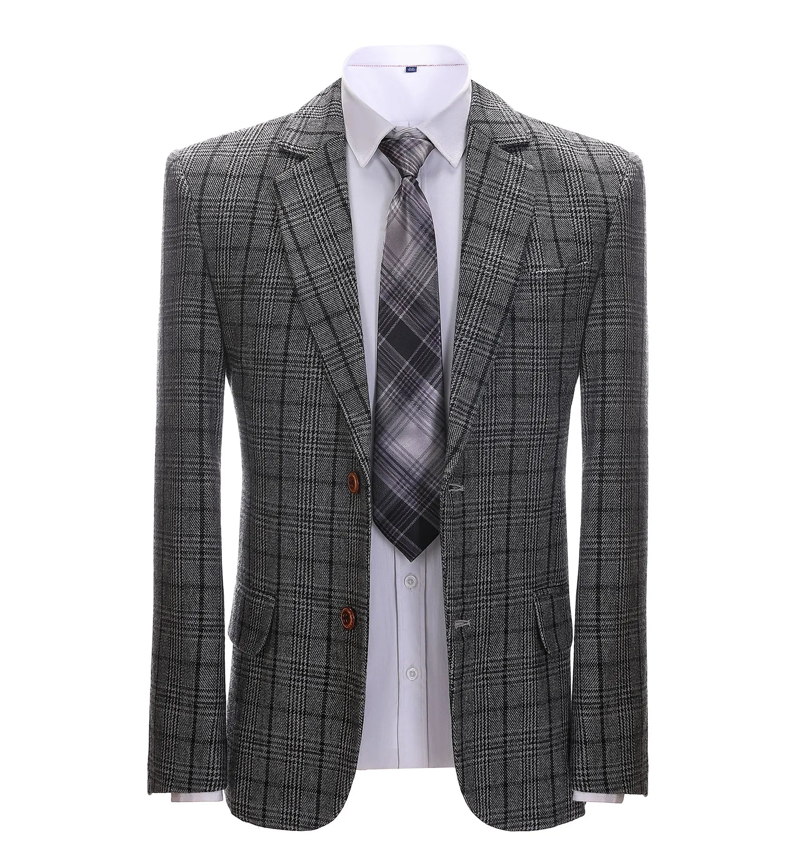 Men's Formal Business Dark Grey Plaid Notch Lapel Blazer