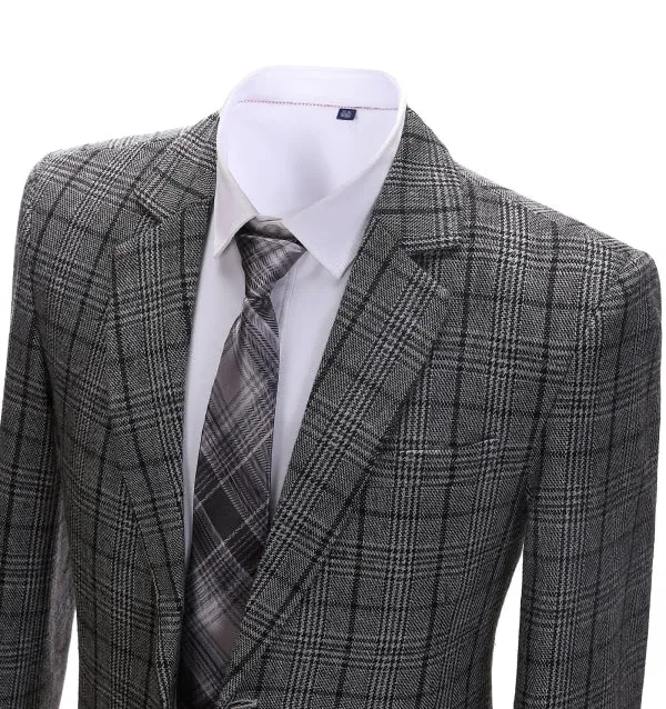 Men's Formal Business Dark Grey Plaid Notch Lapel Blazer