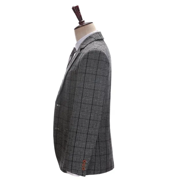 Men's Formal Business Dark Grey Plaid Notch Lapel Blazer
