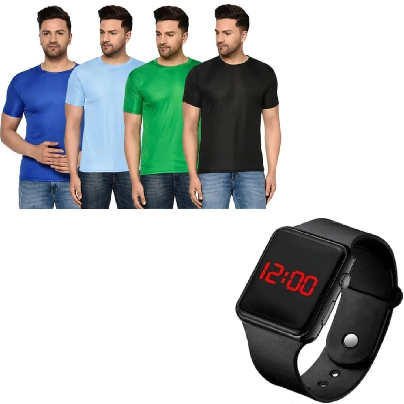 Mens Pack Of-4 Half Sleeves Round Neck T-shirt With Free Digital Watch