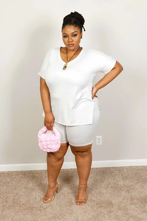 MICROFIBER BIKER SHORTS w/ OVERSIZED V-NECK HI-LOW HEM TOP| BONE