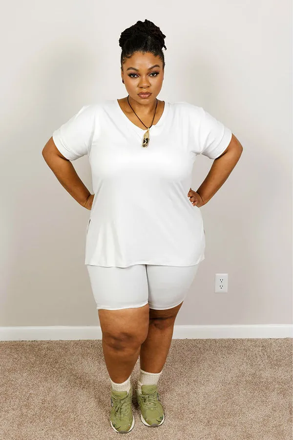 MICROFIBER BIKER SHORTS w/ OVERSIZED V-NECK HI-LOW HEM TOP| BONE