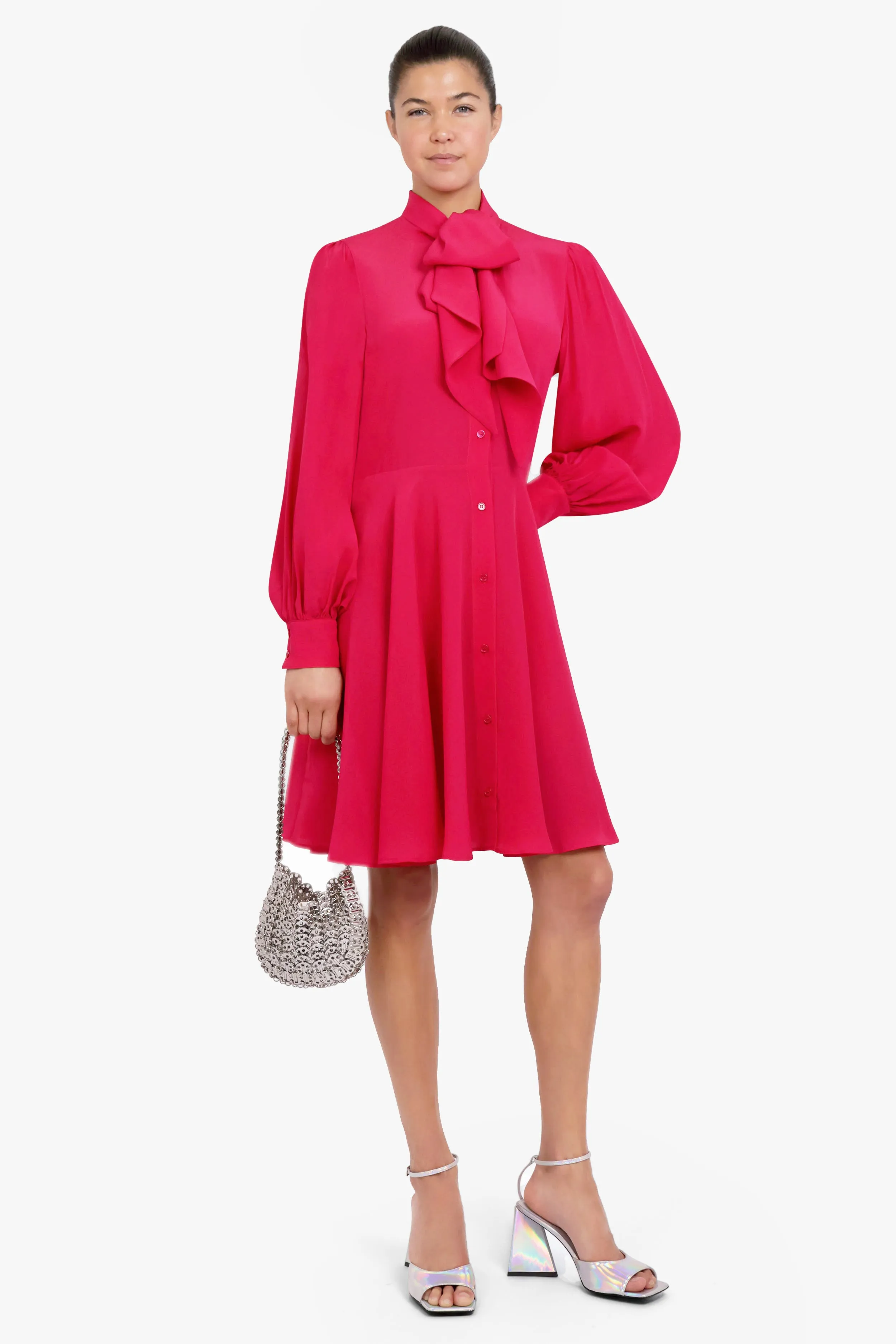 Midi Crepe De Chine Neck Tie Dress | Fuschia