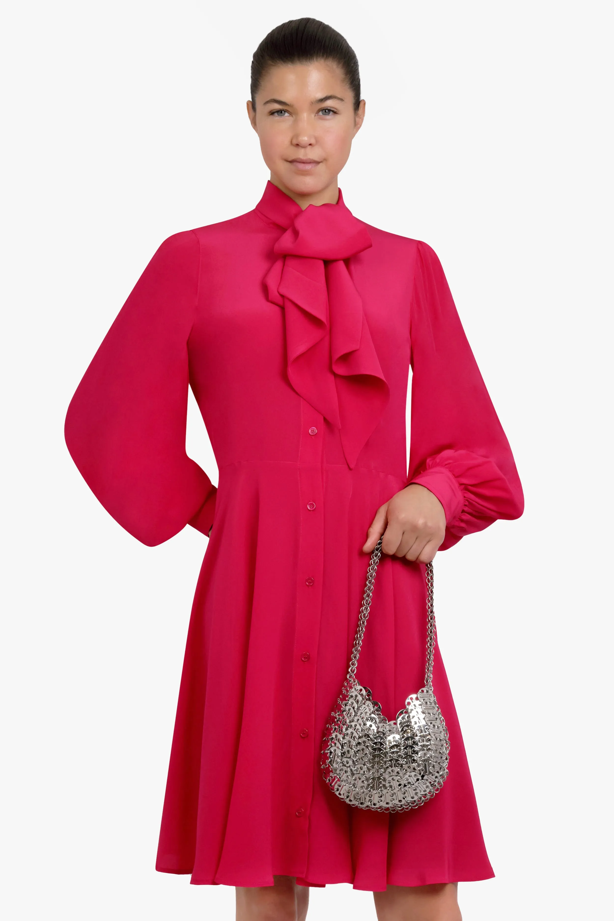 Midi Crepe De Chine Neck Tie Dress | Fuschia