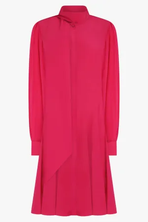 Midi Crepe De Chine Neck Tie Dress | Fuschia