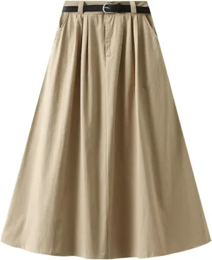 Midi Skirt for Women Solid Color Vintage Elastic Waist Pleated A Line Swing Skirts Casual Fashion Comfy Cargo Skorts