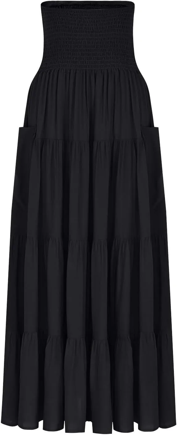 Midi Skirts for Women Pleated Tiered Long Flowy Skirt Elastic Waist Summer Boho Casual Loose Layered Ruffle Skirt