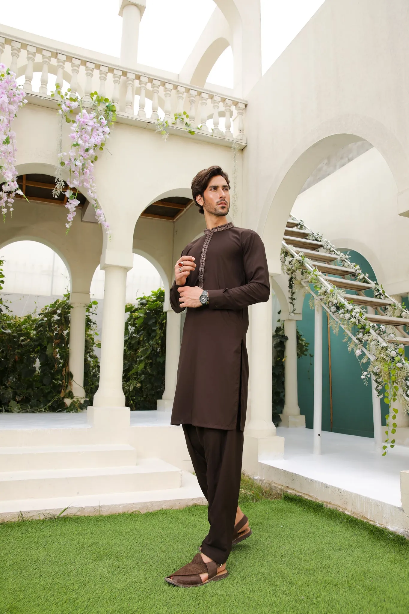Mocha Brown Kameez Shalwar - Collar Neck Embroidered - Men
