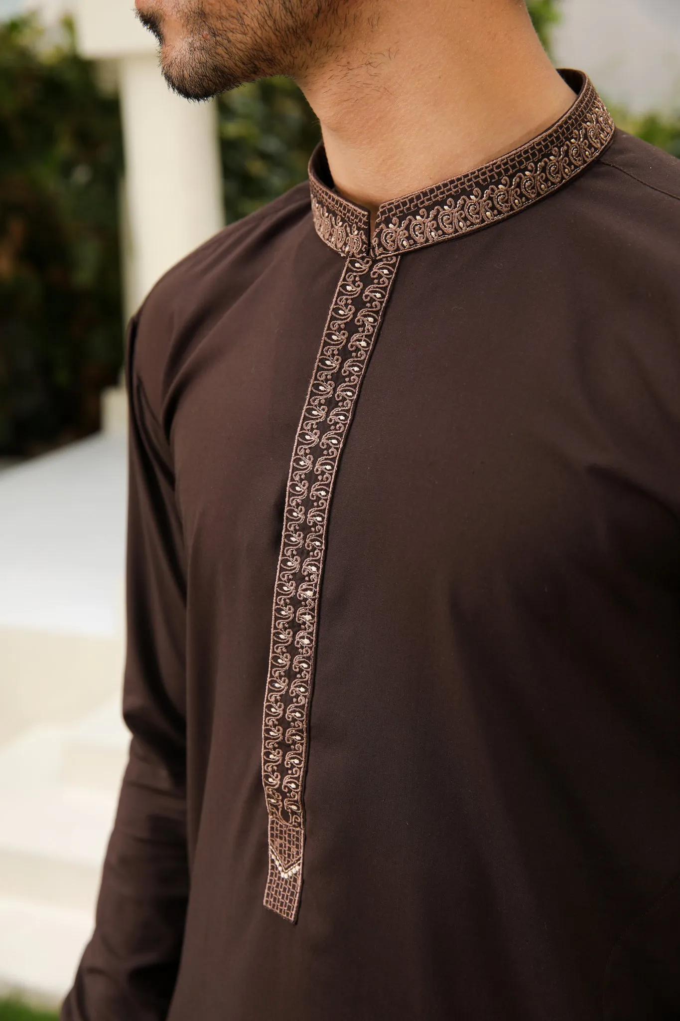 Mocha Brown Kameez Shalwar - Collar Neck Embroidered - Men