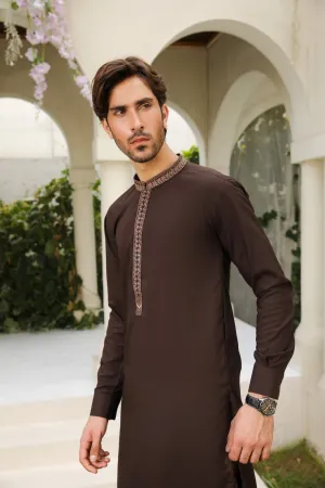 Mocha Brown Kameez Shalwar - Collar Neck Embroidered - Men