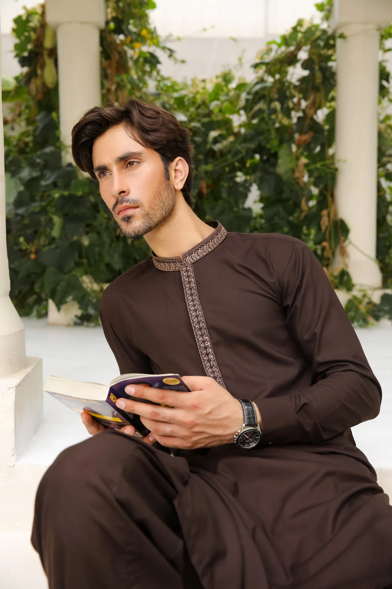 Mocha Brown Kameez Shalwar - Collar Neck Embroidered - Men
