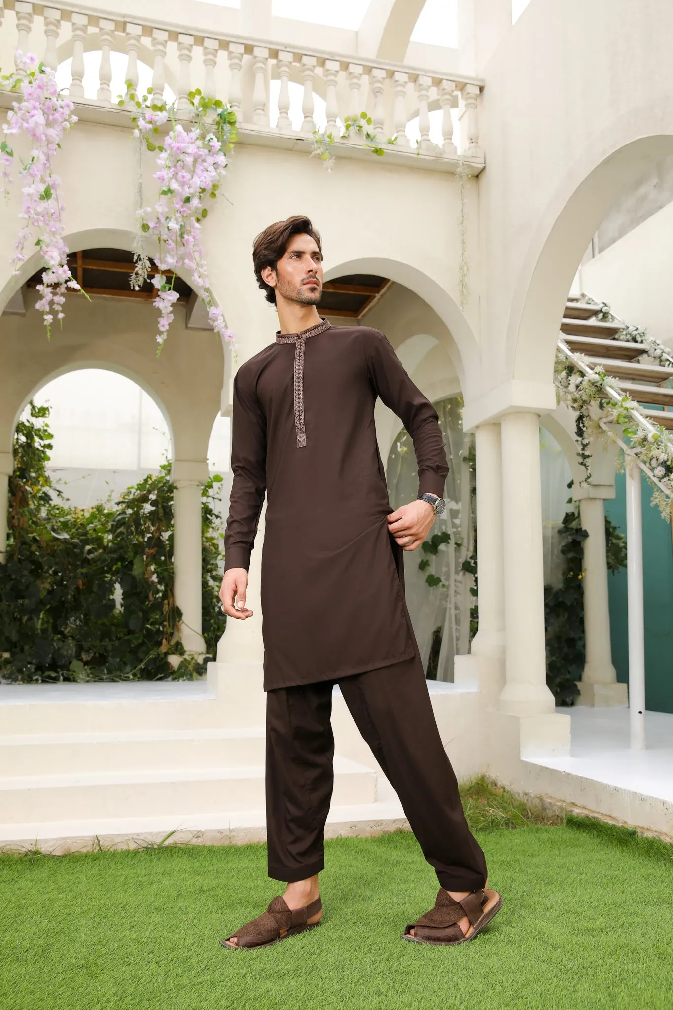 Mocha Brown Kameez Shalwar - Collar Neck Embroidered - Men