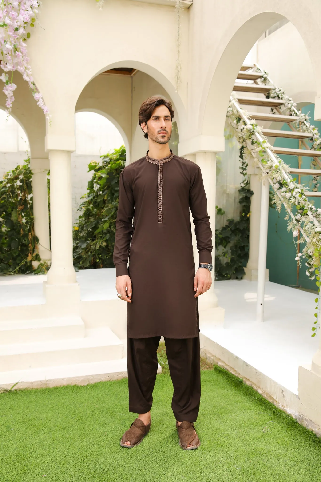 Mocha Brown Kameez Shalwar - Collar Neck Embroidered - Men