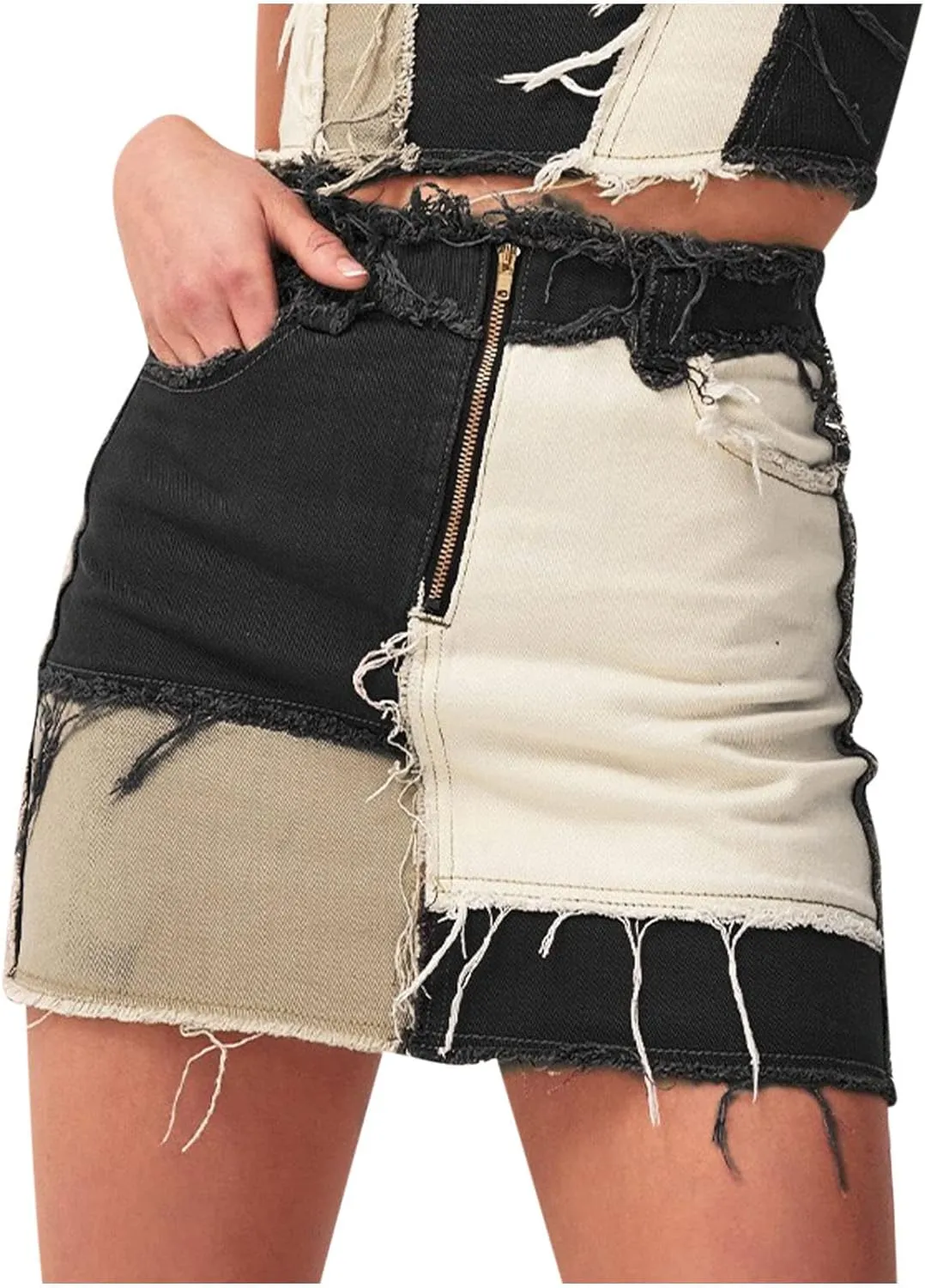 NaRHbrg Denim Skirts for Women's Casual Distressed Ripped A-Line Denim Short Skirt Zipper Front Denim Mini Skirt with Pocket