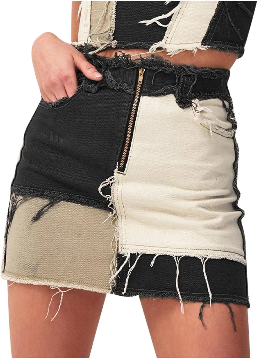 NaRHbrg Denim Skirts for Women's Casual Distressed Ripped A-Line Denim Short Skirt Zipper Front Denim Mini Skirt with Pocket