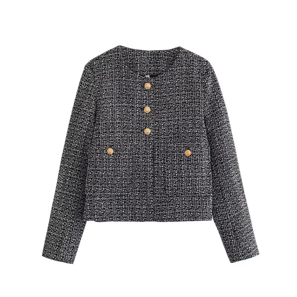 New Luxury Fashion  Women Pockets Tweed Jack Coat Vintage Long Sleeve Stylish Female Outerwear