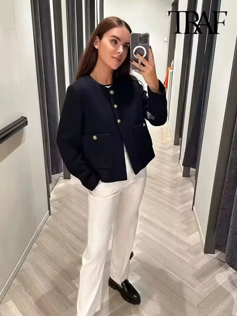 New Luxury Fashion  Women Pockets Tweed Jack Coat Vintage Long Sleeve Stylish Female Outerwear