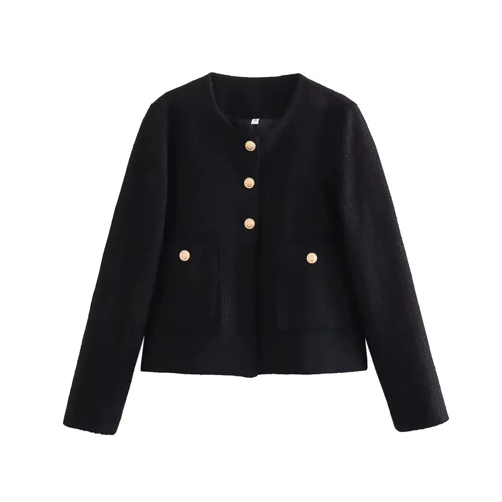 New Luxury Fashion  Women Pockets Tweed Jack Coat Vintage Long Sleeve Stylish Female Outerwear