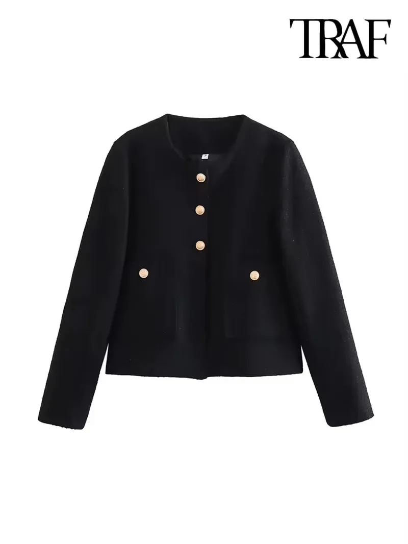 New Luxury Fashion  Women Pockets Tweed Jack Coat Vintage Long Sleeve Stylish Female Outerwear