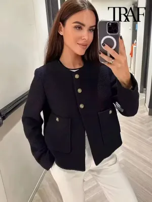 New Luxury Fashion  Women Pockets Tweed Jack Coat Vintage Long Sleeve Stylish Female Outerwear