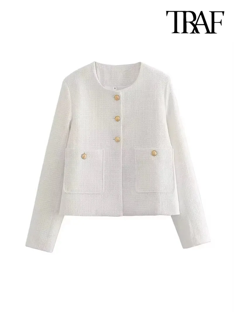 New Luxury Fashion  Women Pockets Tweed Jack Coat Vintage Long Sleeve Stylish Female Outerwear