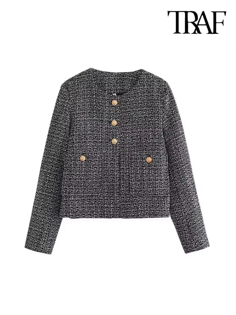 New Luxury Fashion  Women Pockets Tweed Jack Coat Vintage Long Sleeve Stylish Female Outerwear