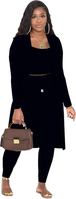 OCEANLUX Women's 3 Piece Lounge Set Pajamas Set Long Cardigan Crop Tank Drawstring Pants Loungewear Outfits
