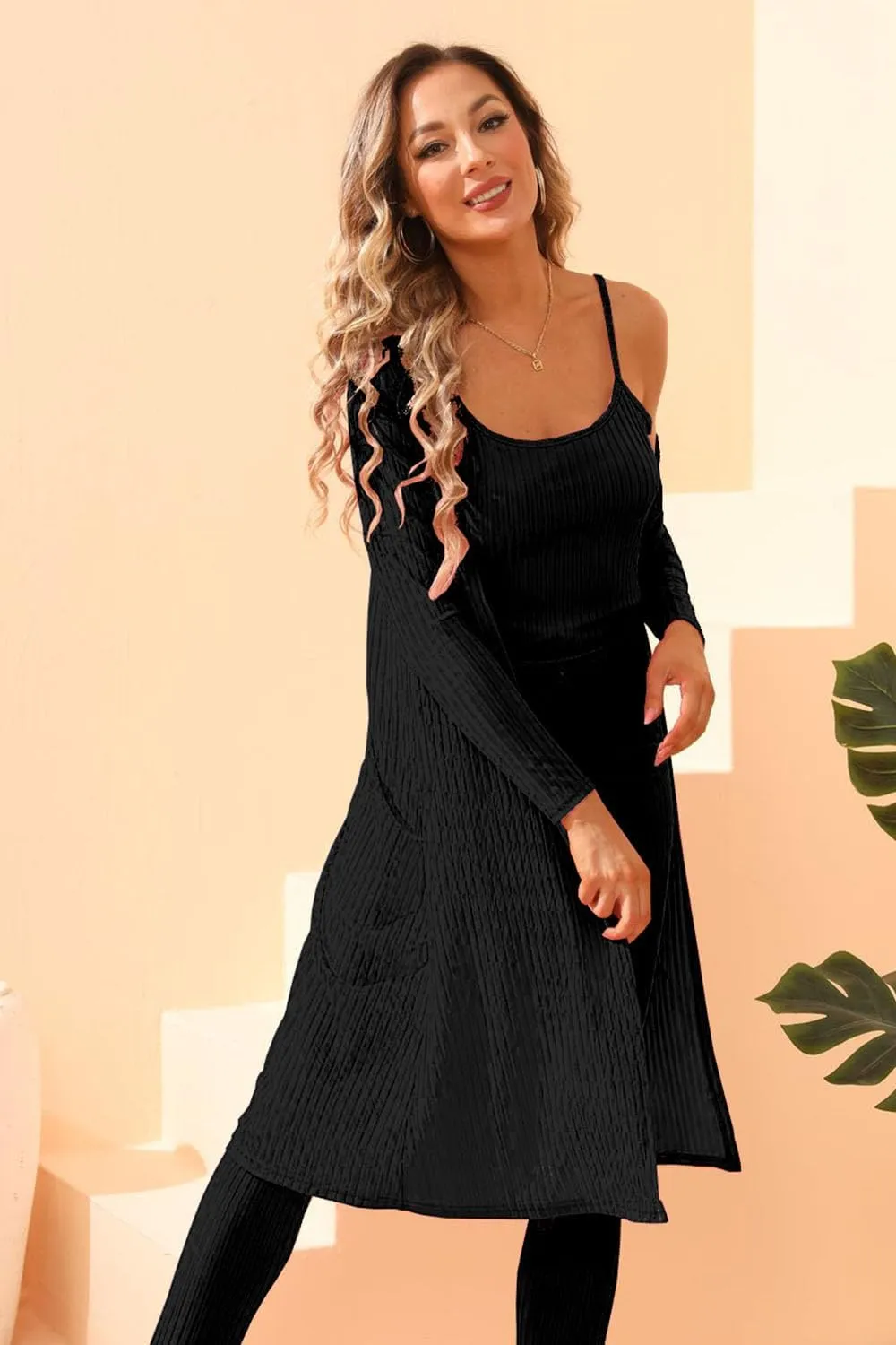 OCEANLUX Women's 3 Piece Lounge Set Pajamas Set Long Cardigan Crop Tank Drawstring Pants Loungewear Outfits