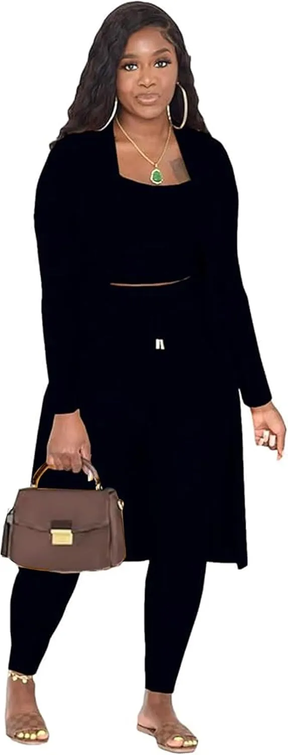 OCEANLUX Women's 3 Piece Lounge Set Pajamas Set Long Cardigan Crop Tank Drawstring Pants Loungewear Outfits