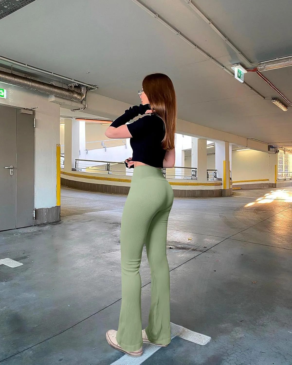 OQQ Women's 2 Piece Yoga Pants Ribbed Seamless Workout High Waist Cross Over Bell Bottoms Exercise Flare Leggings