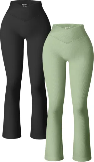 OQQ Women's 2 Piece Yoga Pants Ribbed Seamless Workout High Waist Cross Over Bell Bottoms Exercise Flare Leggings