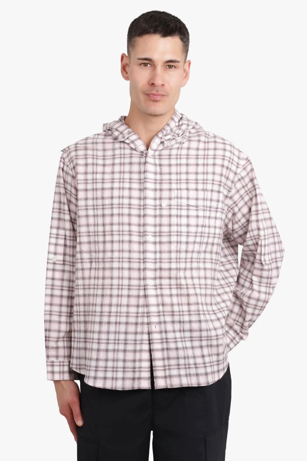 OVERSIZED CHECK HOODY SHIRTS | PINK