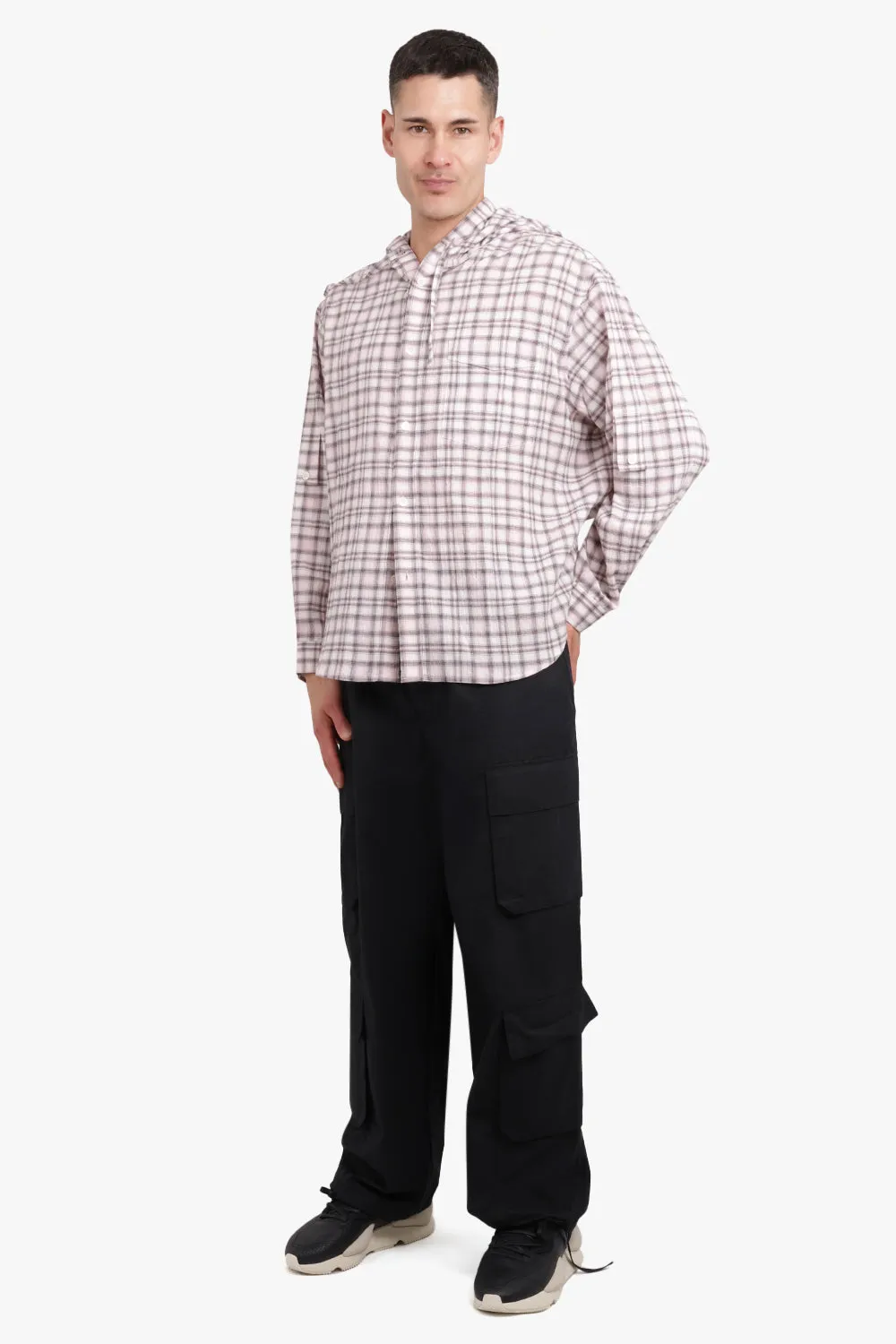 OVERSIZED CHECK HOODY SHIRTS | PINK