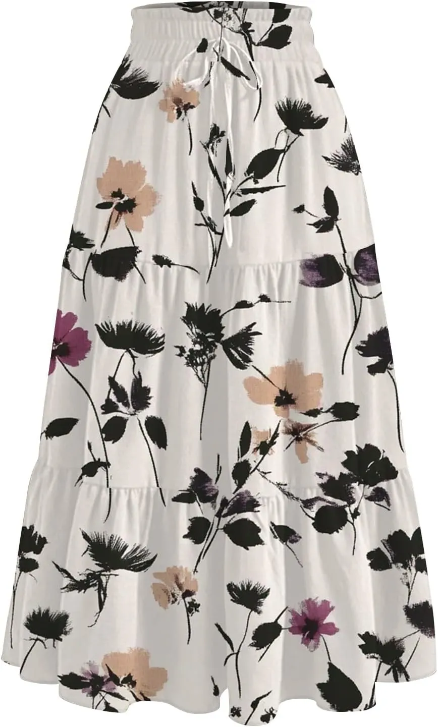 Palaver Boho Midi Skirts for Women Summer Boho Smocked High Waisted Skirt Vacation A-Line Long Flowy Skirts with Pockets
