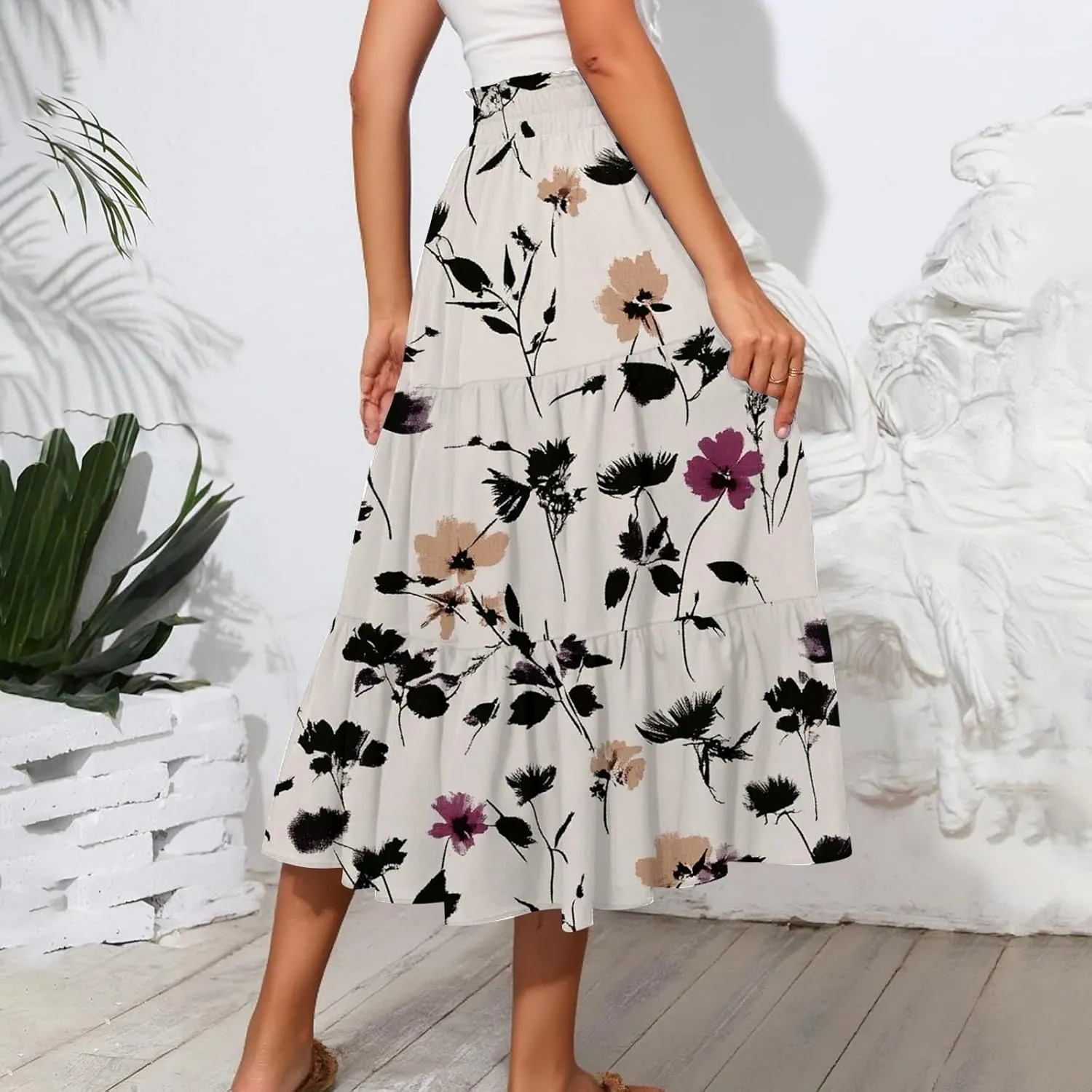 Palaver Boho Midi Skirts for Women Summer Boho Smocked High Waisted Skirt Vacation A-Line Long Flowy Skirts with Pockets